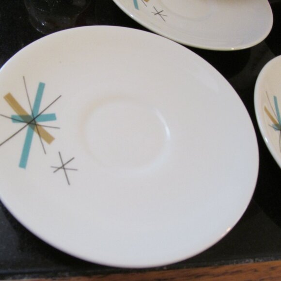 5 Vintage MCM Salem North Star Atomic Starburst Saucers Turquoise & Tan 1960s - Picture 3 of 16